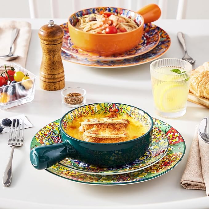 vancasso Soup Bowls with Handles, 23 Oz French Onion Soup Bowls Oven Safe, Bohemian Ceramic Soup Crocks for Cereal, Pasta, Beef Stew, Chilli, Microwave Dishwasher Safe-6.2 inch, Set of 4