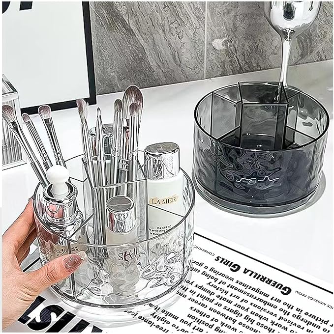 Rotating Pencil Holder, Desk Organizer with Multi-Compartment Design-Stylish, Functional Storage Solution for Home Offices, Classroom, Art Supplies Storage (Light gray ripple)