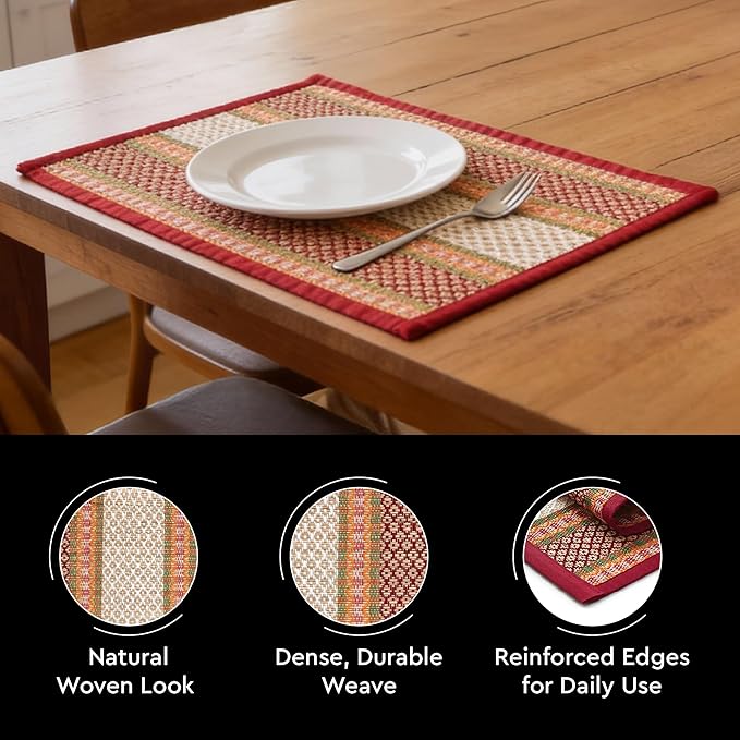 Encasa XO Woven Red Placemats Set of 4 – 12" x 17" | Handwoven Madurkathi Grass Table mats for Dining Table, Kitchen & Outdoor Decor | Durable & Heat‑Resistant