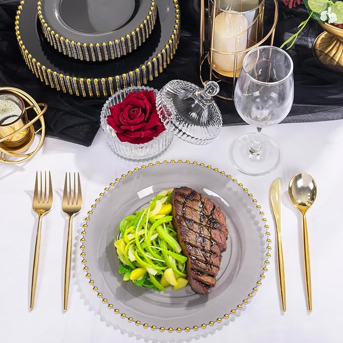 EI 60pcs Clear Black and Gold Plastic Plates Disposable Plates Heavy Duty,10.25" Dinner & 7.5" Dessert Clear Black Plate Perfect Wedding,Party,Birthday,Anniversary,Business Events