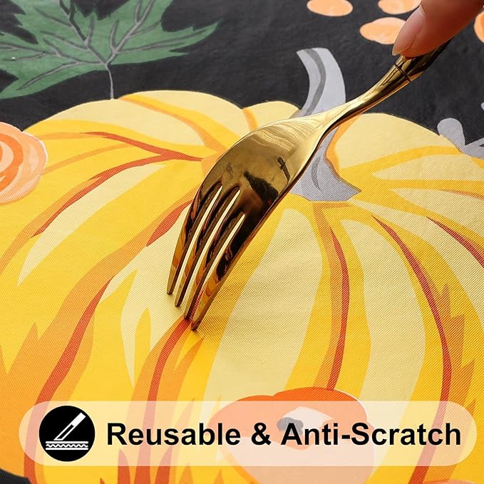 Smiry Plastic Thanksgiving Tablecloth, Pumpkin Waterproof Elastic Fitted Table Covers for 6 Foot Tables, Wipeable Flannel Backed Vinyl Tablecloths for Autumn Harvest, Parties (Black, 30x72 Inches)