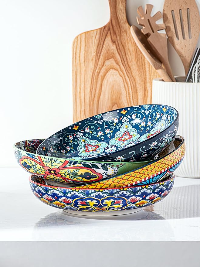 HENXFEN LEAD 33 oz Ceramic Pasta Bowls Set of 4, 8 Inch Wide & Shallow Bowls – Colorful Serving Bowls for Salad, Soup, Pasta, Microwave & Dishwasher Safe