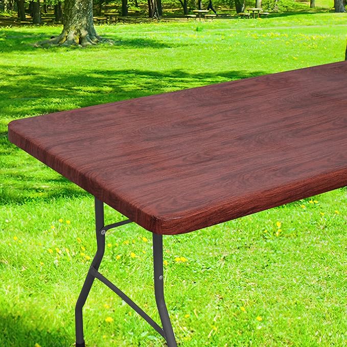 Smiry Rectangle Table Cloth Cover, Waterproof Elastic Fitted Picnic Tablecloth for 4 Foot Tables, Wipeable Flannel Backed Vinyl Tablecloths for Camping, Dining, Outdoor (Reddish Brown, 30" x 48")