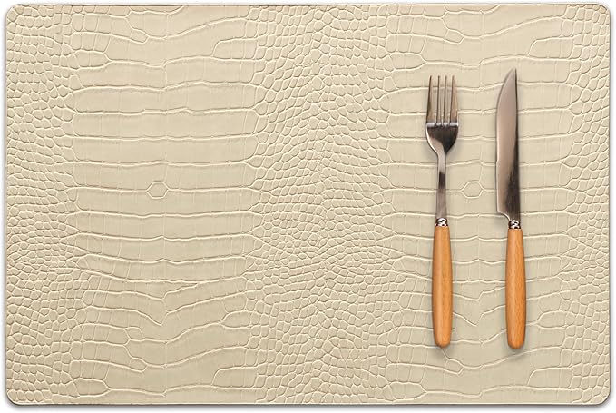 Jovono Faux Leather Placemats Set of 6, Waterproof & Heat Resistant Dinner Place Mats for Dining Table, Non-Slip Crocodile Embossed, Beige (17.8x11.8 Inch)