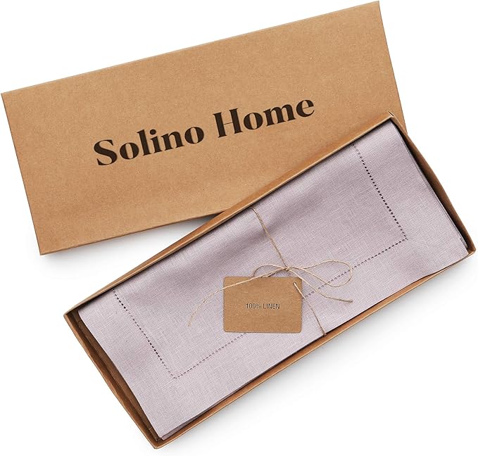Solino Home Linen Table Runner 60 Inches - 100% Pure Linen Lilac Hemstitch Table Runner 14 x 60 Inch Ideal for Dresser and Coffee Tables, Valentines, Spring, Easter - Classic Hemstitch