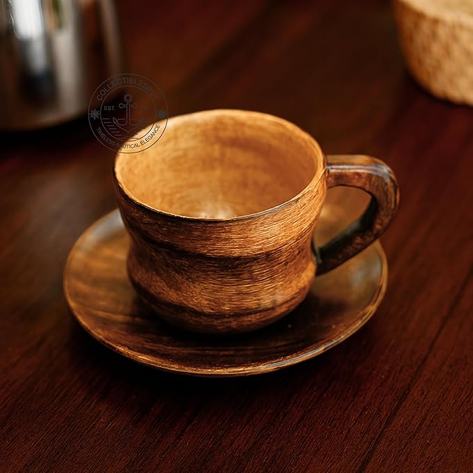 collectiblesBuy Eco-Friendly Espresso Wooden Cup With Saucer Coffee Tea Drinking Tableware Rustic Handcrafted Natural Retro Style