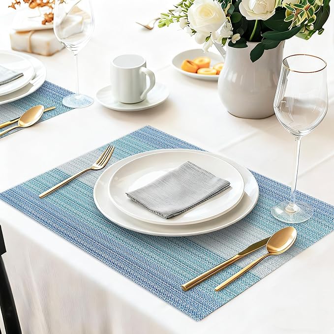 HeloHo Placemats Set of 4,Vinyl Table Place Mats Stain Resistant Foldable Placemats Washable Wipeable Placemat for Kitchen Dining Table Decoration Indoor Outdoor（Blue）