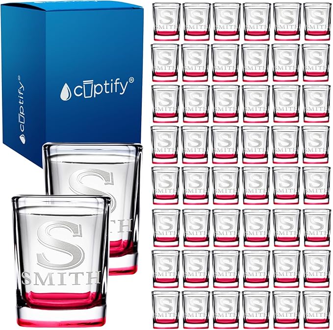 Personalized Square Shot Glasses Set of 50 Red Bottom 2oz Engraved Initial and Name Custom Gifts, Weddings, Birthdays, Party, Event, Decorations