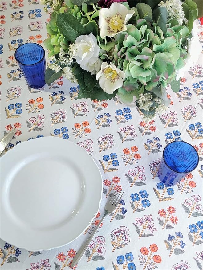 ATOSII Flora Bloom 100% Cotton Rectangle Summer Tablecloth, Block Print Floral Table Cloth for Dining Parties Wedding Outdoors I Grand Millennial Home Decor 60 X 90 Inches I 6 Seater I Memorial Day