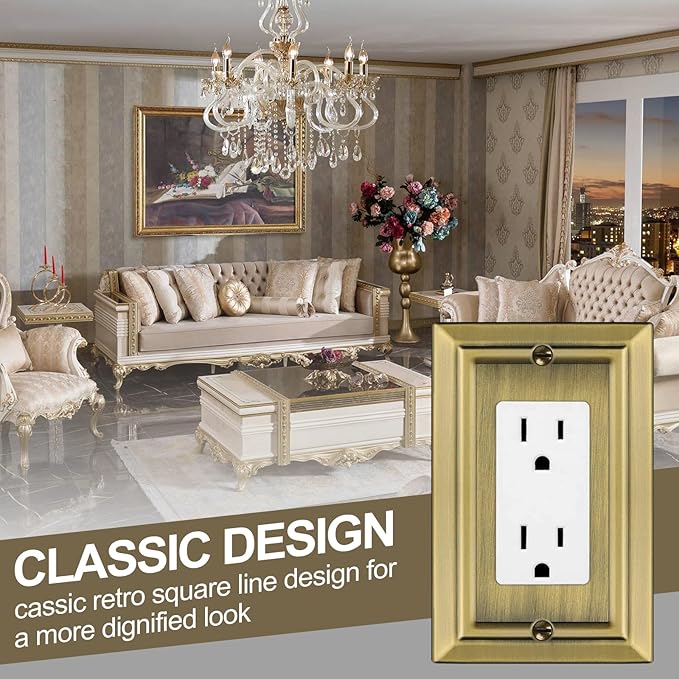 Metal Wall Plate for Electrical Outlets, Decorative Antique Brass Switch Plates Outlet Cover, Light Switch Cover Plate, 1-Gang Wall Plates (Single Decoretor, 6 Pack)