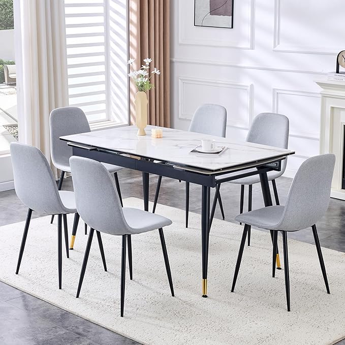 Extendable Dining Table Set for 6, 55'' to 78.8'' Rectangular Thickened Sintered Stone Kitchen Table with 6 Upholstered Chairs, Modern Space Saving 7-Piece Dinner Table Set
