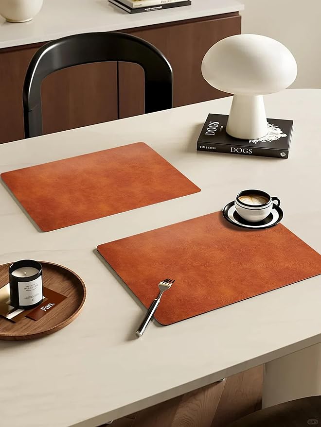Cowhide Pattern PU Leather Placemats Set of 6 Heat Resistant Kitchen Table Mats, Non-Slip Dining Table Decorations, Double-Sides Waterproof Wipeable Place mats(Brown)