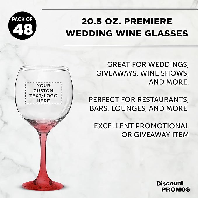 Custom Premiere Wedding Wine Glasses 20.5 oz Set of 48, Personalized Bulk Pack - Restaurant Glassware, Perfect for Red Wine or White Wine - Red