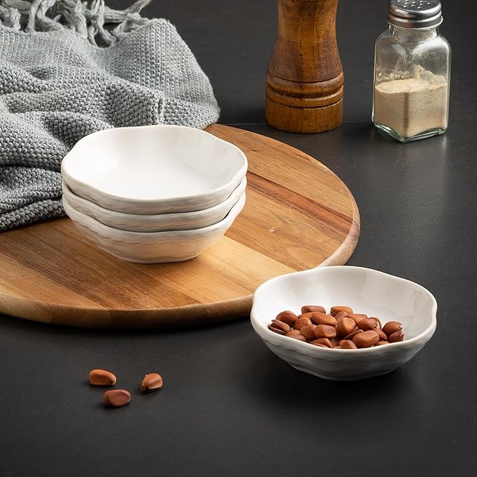 4.4Oz Kiln-Changed Dipping Bowls, 4.3 Inches Ceramic Flower-Shaped Soy Sauce Dishes, Small Appetizer/Side Plates Set of 4 (white)