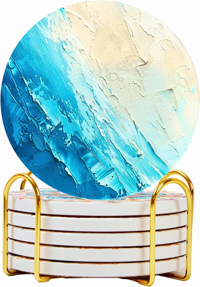 Ceramic Absorbent Coasters Set of 6 with Holder, Marble Drink Coasters for Coffee Table, Water-Absorbing Stone Coasters (Blue Waves Design)