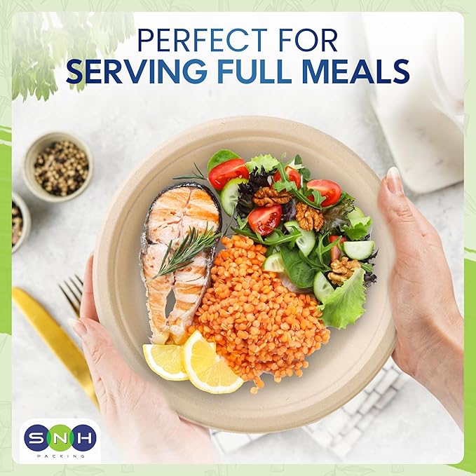 SNH Packing 100% Compostable Plates 10 Inch [125-Pack], Heavy Duty Dinner Paper Plates, Eco-Friendly Biodegradable Sugarcane Bagasse, Natural Brown Disposable Plates for Dessert, Party, BBQ & Picnic