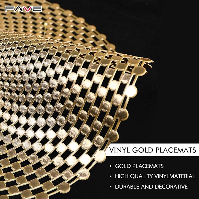 FAVE 8 PCS Vinyl Gold Round Placemats, Spiral Hollow Out Washable for Daily Dining, Holiday Events& Daily Use (15 Inch,8PCS)