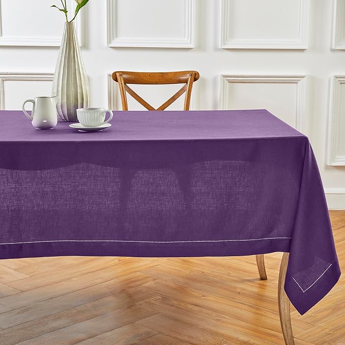 Solino Home Linen Tablecloth for Rectangle Tables 60 x 144 Inch - Classic Hemstitch 100% Pure Linen Purple Table Cloth - Machine Washable Cloth Tablecloth for Valentines, Spring, Easter