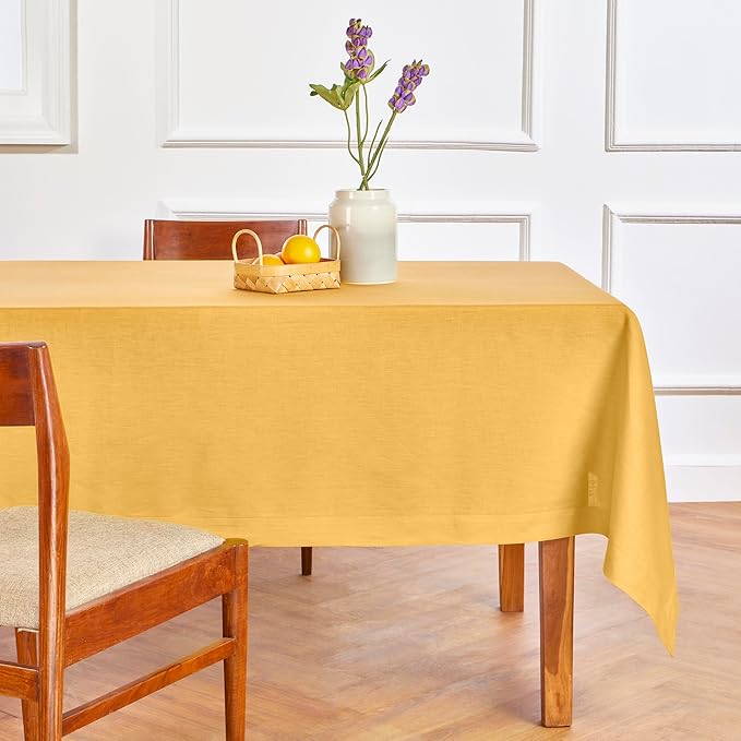 Solino Home Linen Tablecloth 60 x 108 Inch - 100% Pure Linen Mustard Yellow Table Cloth for Rectangle Tables - Fete, Machine Washable Tablecloth for Spring, Easter