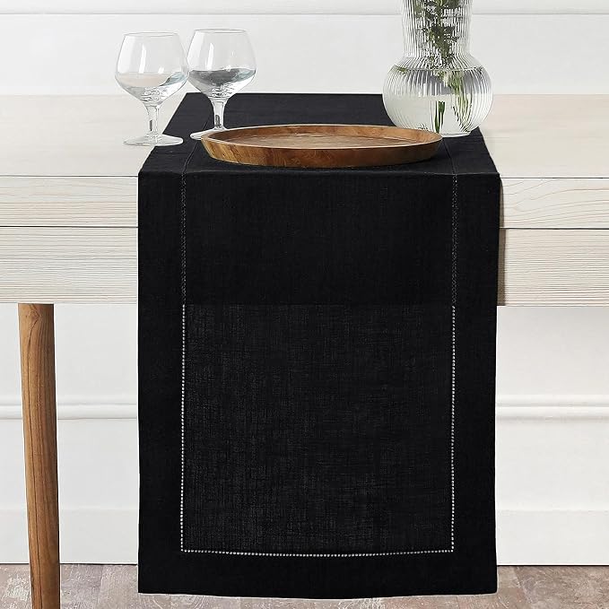 D'Moksha Homes Linen Black Table Runner 132 Inches Long - 100% Pure Linen Extra Long Table Runner 14 x 132 Inch for Spring, Easter - Classic Hemstitch