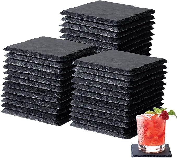 Slate Coasters Set of 36,4-Inch Black Square Stone Drink Coasters with Scratch-Resistant Backing,Durable Tabletop Protection for Home Office Kitchen,Ideal Housewarming Wedding Gifts