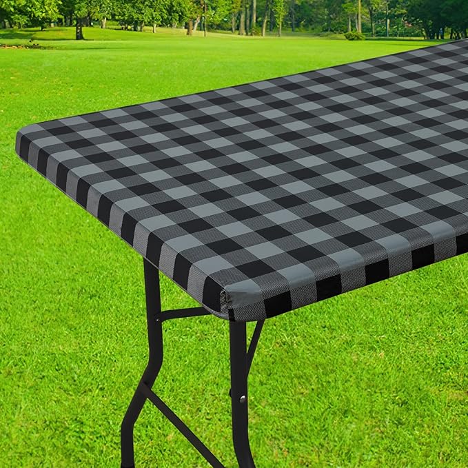 Smiry Rectangle Picnic Table Cloth, Elastic Waterproof Fitted Vinyl Tablecloths, Flannel Backed Buffalo Plaid Table Covers for Dining, Camping, Outdoor (Black and Grey, 30" x 96")