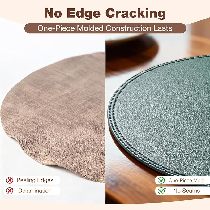 Round Vinyl Green Placemats Set of 6, Faux Leather Waterproof Wipeable Heat Resistant Place Mats, Washable Table Mats for Halloween, Thanksgiving & Christmas Dinner(Green)