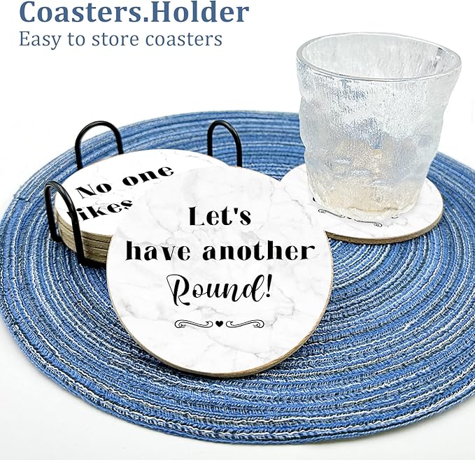 Funny Cork Drink Coasters Absorbent with Holder 6 Pcs Absorbing Stone Funny Drink Coaster Gift Set Housewarming New Home Apartment Kitchen House Decor Gift for Women Men