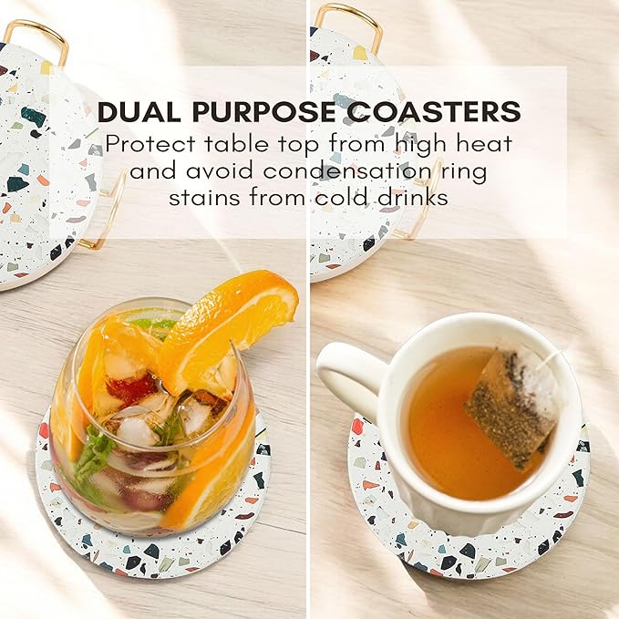 Absorbent Terrazzo Drink Coasters Set of 6 with Holder, Ceramic Drink Coasters for Coffee Table Decor, Water-Absorbing Stone Coasters (Mosaic)