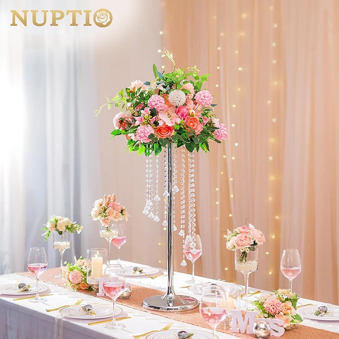 Nuptio 2 Pcs 27.6inch Tall Wedding Centerpieces Silver Vases Crystal Flower Vase Metal Flowers Stand for Party Tables Decorations - Elegant Bulk Weddings Decoration Table Chandelier Centerpiece stands