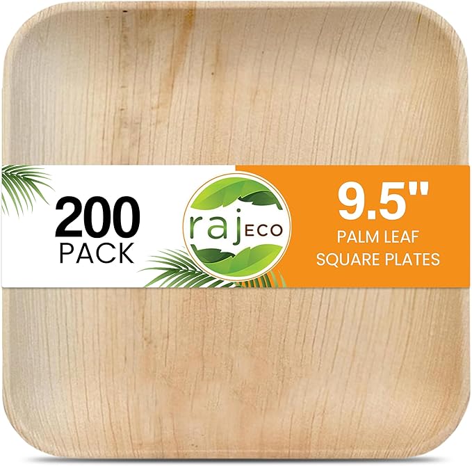 Raj Palm Leaf Plates [200-Pack] Large Square Plates like Bamboo plates Disposable, Strong, Decorative Compostable Tableware for wedding, Lunch, Dinner, Birthday, Camping, Outdoor BBQ, Picnic