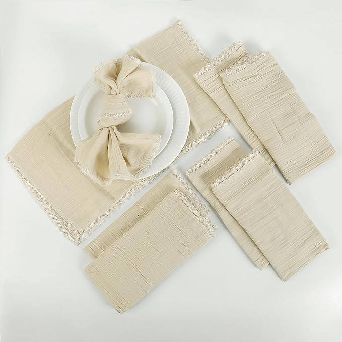 FINGERCRAFT Dinner Cloth Napkin Cotton Muslin Double Gauze 4 Pack with Classic Lace for Everyday Use, Wedding, Party, Christmas, Easter Napkins Cloth are Pre Shrunk and Good Absorbency Beige