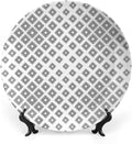 Decorative Plates, Abstract Print Ornament, Minimalist Geometric Diamond Shaped Square Lines, 10 Inch, 1 Plate with 1 Display Stand, Black White