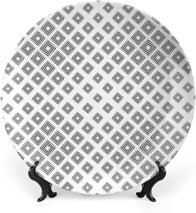 Decorative Plates, Abstract Print Ornament, Minimalist Geometric Diamond Shaped Square Lines, 6 Inch, Kitchen Wall Decor, Black White