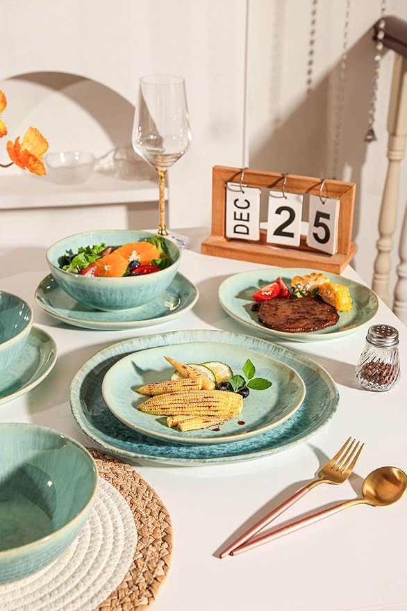 Modern Plates and Bowls Sets 12-Piece Ceramic Dinnerware Set for 4 Blue Kitchen Plates and Bowls Microwave Dishwasher and Oven Safe Stackable Tableware Dinnerware Sets for Everyday Use