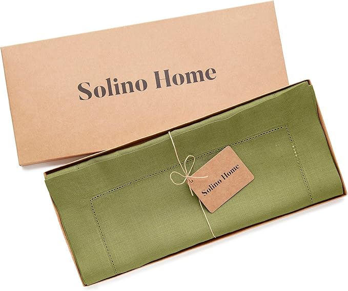 Solino Home Linen Avocado Green Hemstitch Table Runner 60 Inches - 100% Pure Linen Small Table Runner 14 x 60 Inch for Dresser and Coffee Tables, Spring, Easter, St Patricks Day - Classic Hemstitch
