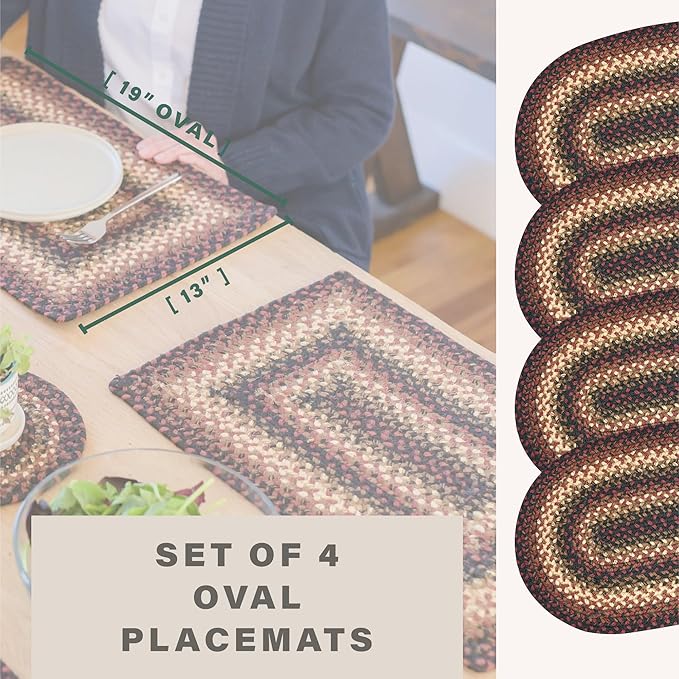 Homespice Prescott Jute Braided Placemats, Country Primitive Decor, Set of 4, Black and Red 13x19 Oval Table Mats - Vibrant Colors, Durable, Easy to Clean and Protects Furniture