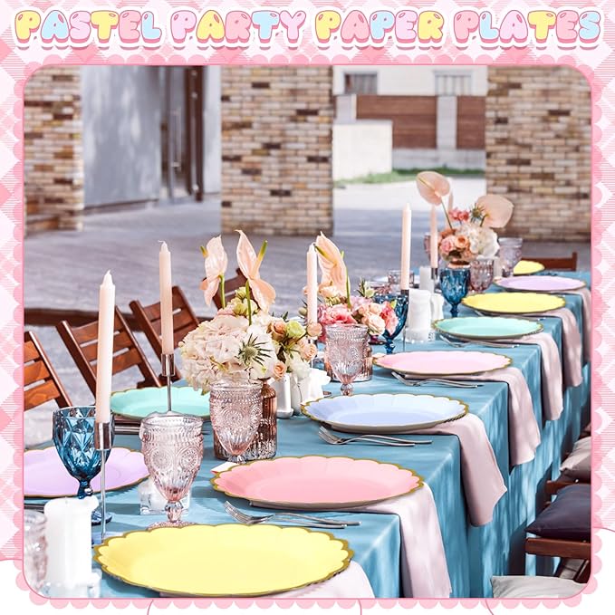 48 Pcs Pastel Rainbow Paper Plates 9 Inch Gradient Color Scalloped Paper Disposable Dinner Dessert Plates for easter Birthday Wedding Bridal Party Supplies, 6 Colors