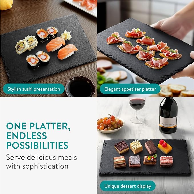 Navaris Slate Plates - Food Contact Safe Black Stone Plates - Cheese Platter Charcuterie Boards Serving Plate - Stone Slate Slab Cheese Board - Set of 2-15" x 11" (38 x 28 cm)