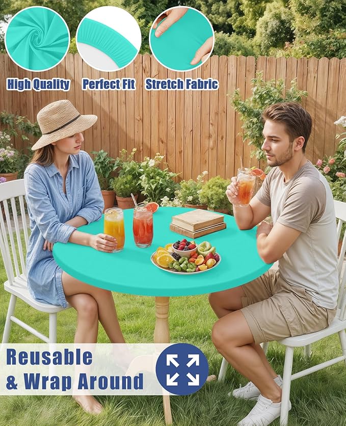 Round Spandex Tablecloth, Elastic Fitted Waterproof Tablecloths for 31"-35" Tables, Stretch Washable Picnic Table Cover for Camping, Dining, Indoor and Outdoor,Aqua Blue