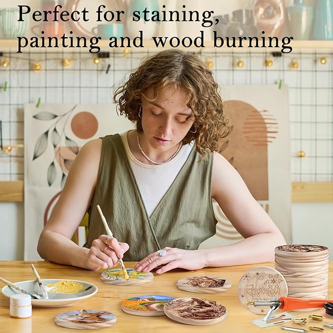60 Pieces Unfinished Wood Coasters, GOH DODD 4 Inch Wooden Blanks with Non-Slip Pads for Laser Engraving Wood Burning Staining Painting Decoupage Housewarming Gifts Wedding Crafts Education