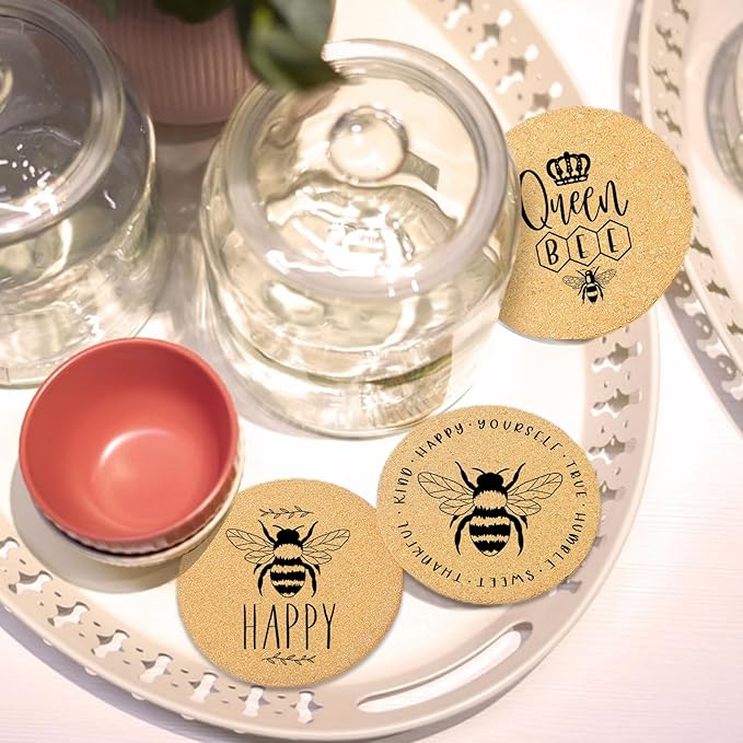Coasters for Drinks with Holder Set of 6, Bee Coaster Absorbent Cork Wood for Cup Desk Office Table Kitchen Decor House Warming Gifts for New Home Couples, Round 4"