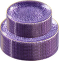Rubtlamp 60Pcs Clear Purple Gold Plastic Plates, Purple Disposable Plates With Gold Rim, Hammered Plastic Plates Include 30 Clear Dessert Plates, 30 Dinner Plates for Party