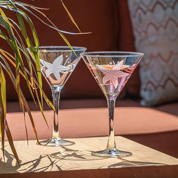 Rolf Glass Starfish Martini Glass 10 Ounce | Set of 4 Stemmed Martini Glasses | Lead-Free Crystal Glass | Diamond-Wheel Etched Cocktail Glasses | Made in the USA