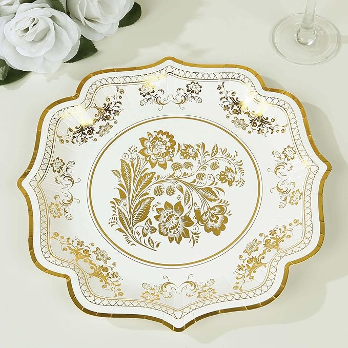 50 Pack 10" White Gold French Toile Dinner Plates, Disposable Round Paper Party Plates 300 GSM for Festive Table Decoration