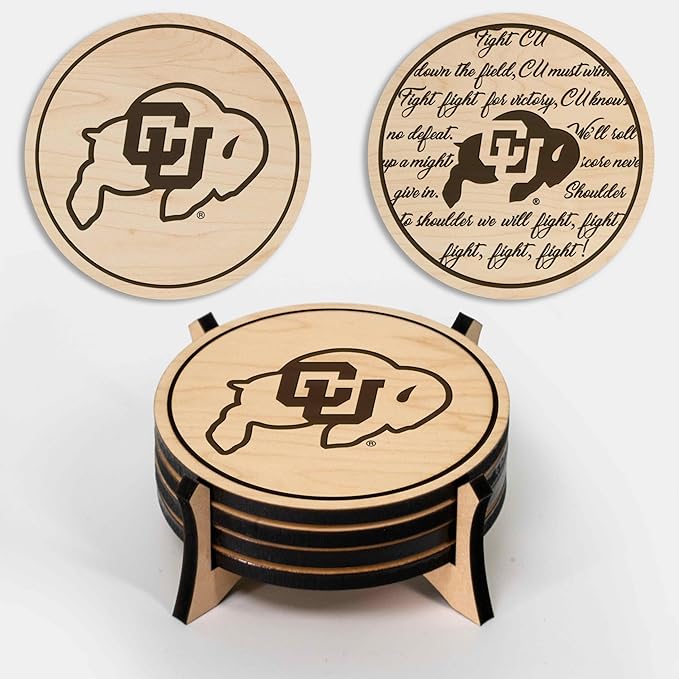 LazerEdge Colorado Buffaloes Wooden Coaster Set - Maple Wood - Officially Licensed Product - 4-Pack
