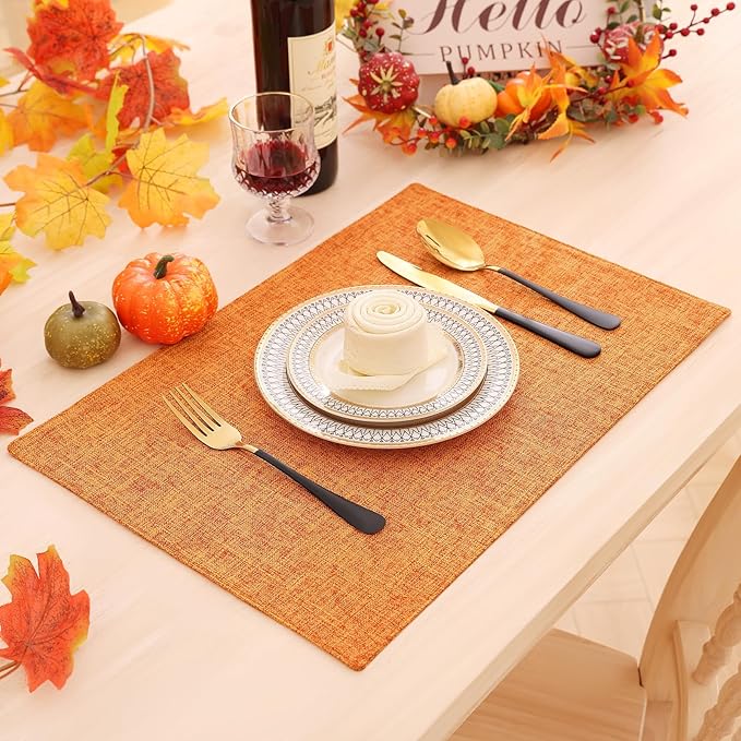 Homaxy Cloths Placemats for Dining Table Set of 4, Heat Resistant Washable Cotton Linen Blend Table Mats, Easy to Clean Place Mats for Indoor Outdoor Party Kitchen Decoration, 13" x 19", Orange