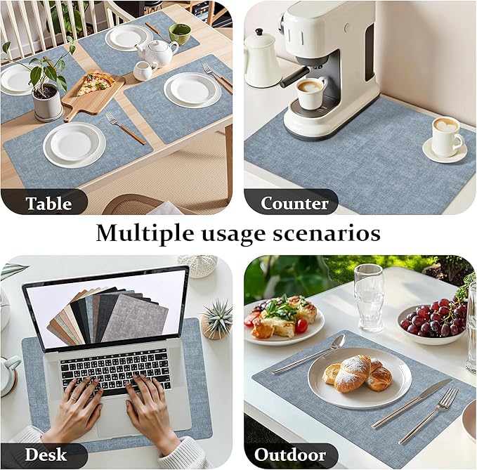 FROMHEART Faux Leather Placemats Set of 12–Waterproof,Heat/Oil Stain-Resistant PU Table Mat–Reversible,Non-Slip,Easy to Clean Place Mats for Kitchen,Dining,Indoor/Outdoor,(Light Blue,11.8" x 17")