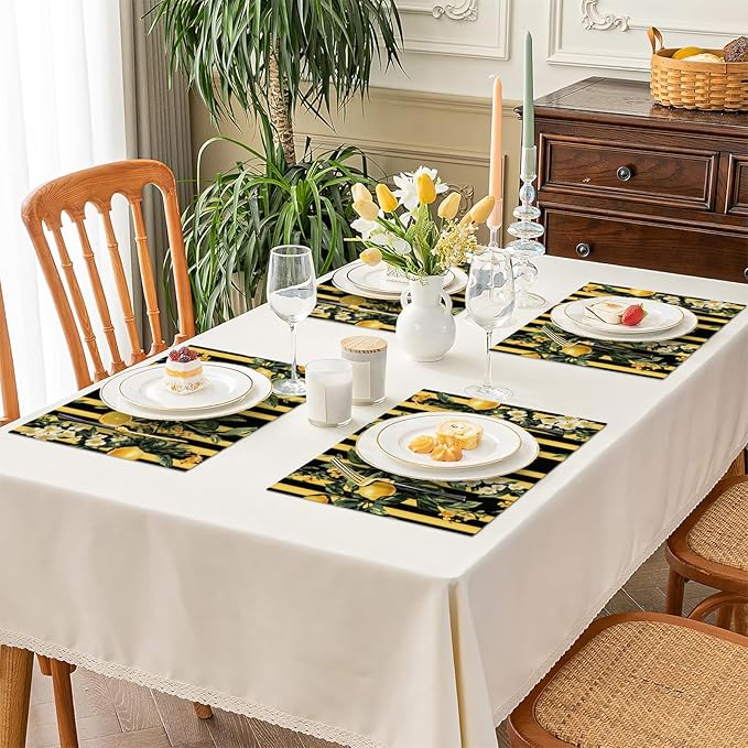 Lemon Placemats Set of 6, Yellow Lemon Place Mats, Fruit Waterproof Washable Table Mats for Home Party Indoor Kitchen Dining Table Decoration 12x18 Inch
