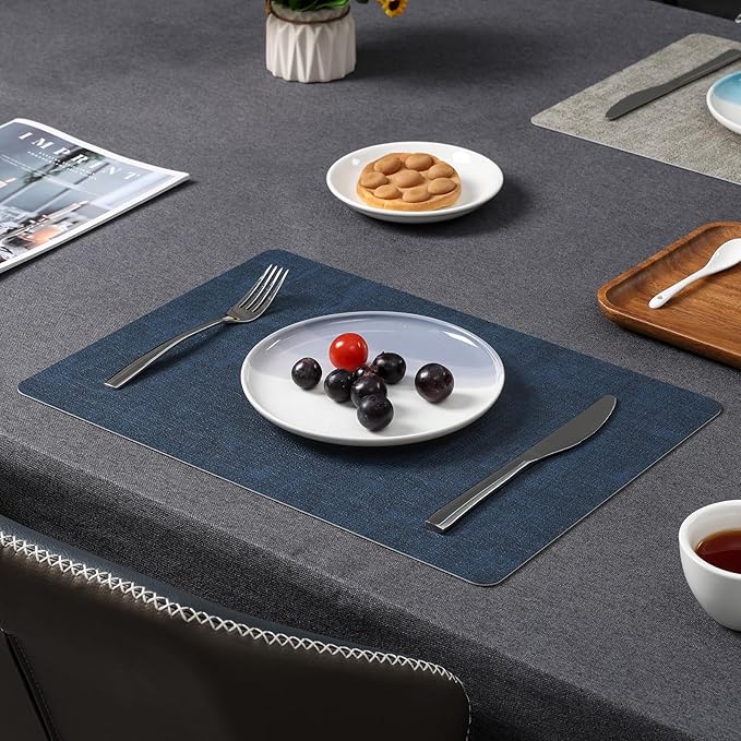 Myir JUN Placemats Dual Sided, Faux Leather Place Mats Set of 4 Indoor Placemat for Dining Table Outdoor Place Mat Manteles Individuales Square Non-Slip Washable Table Mats (Gray Blue, Set of 4)